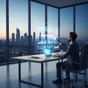 Muhasebe Dijital Dönüşüm E-Dönüşüm Ankara silüeti önünde, modern bir ofiste holografik ekran üzerinden finansal verileri analiz eden bir iş insanı; muhasebede dijital dönüşümü ve teknolojik entegrasyonu temsil eden fütüristik bir görsel.